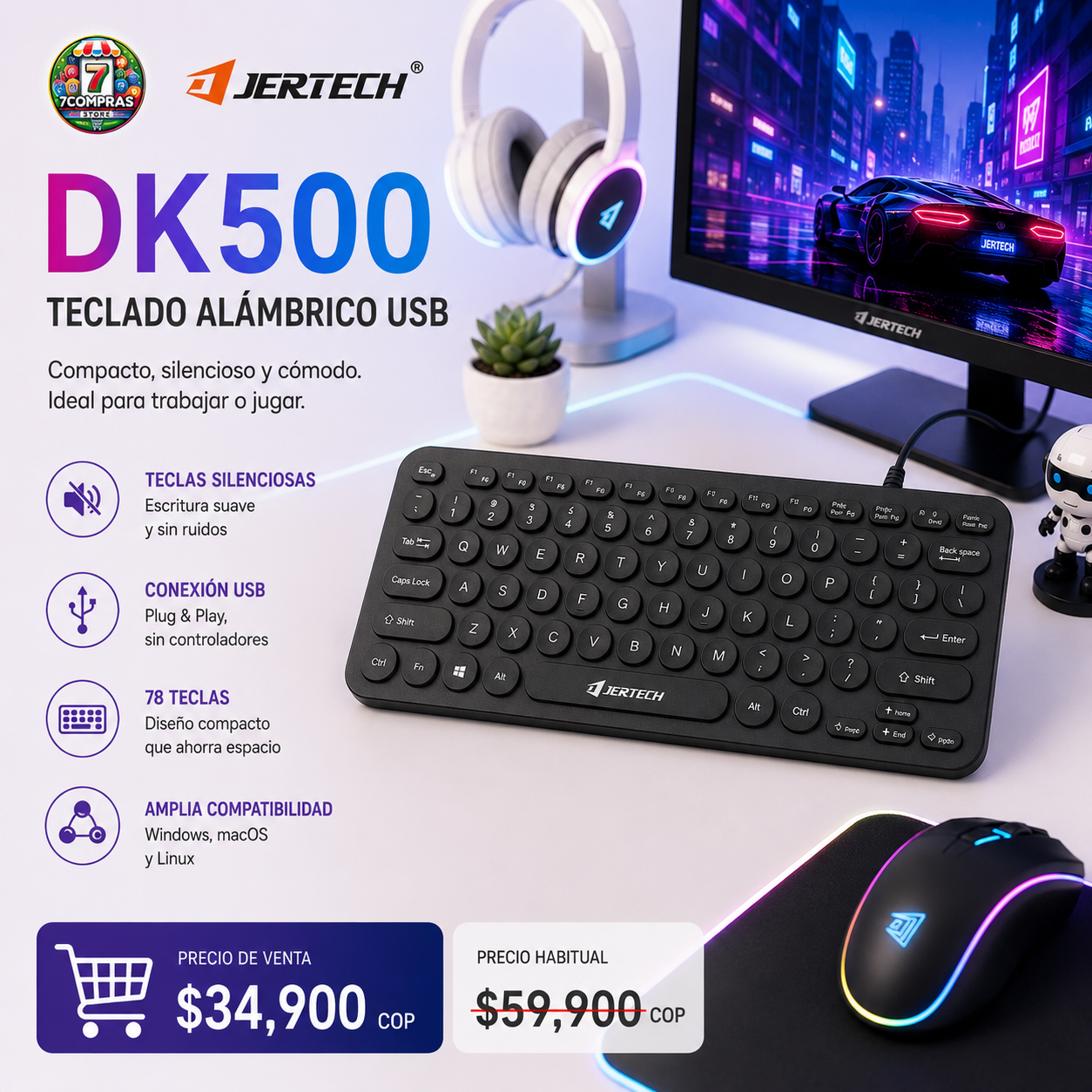Teclado JERTECH DK500  Teclado USB compacto, silencioso y cómodo, ideal para trabajo, estudio o gaming. Cuenta con 78 teclas, conexión Plug & Play y amplia compatibilidad con Windows, macOS 